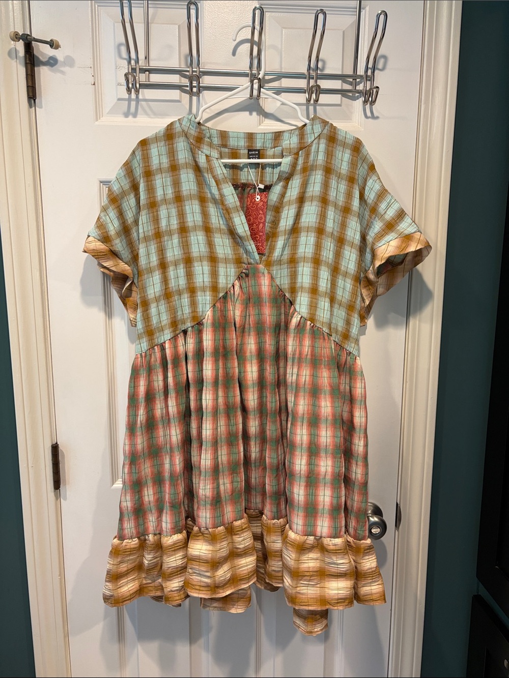 Plaid Tiered Dress in Mint, Pink, light brown